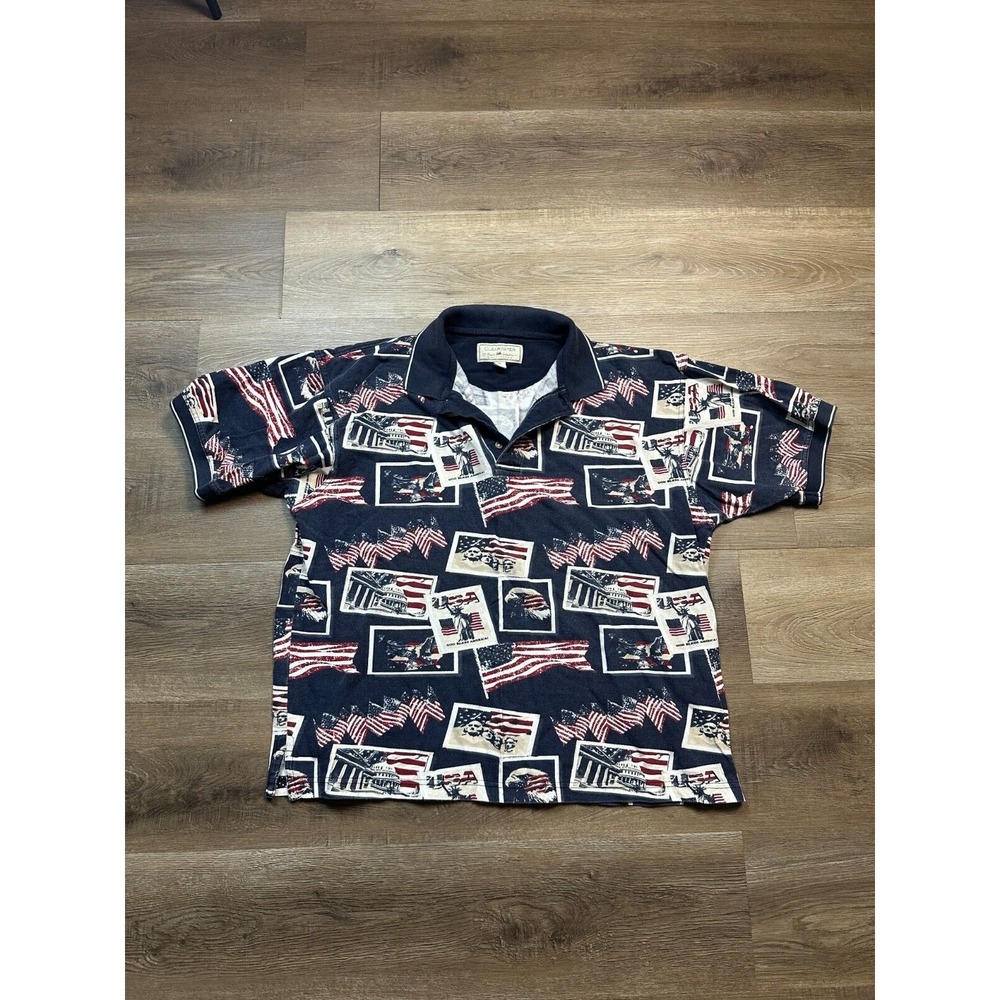 Clearwater Short Sleeve Polo Men's M Multi-Color USA Stamp Graphic Collared AOP
